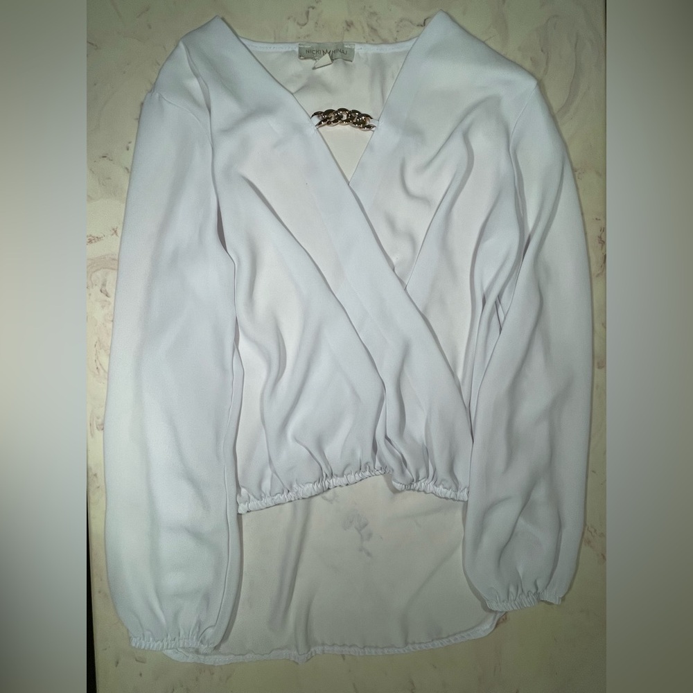 Nicki Minaj High-Low White Long Sleeve Wrap Blouse Gold Chain Emblem, Size L